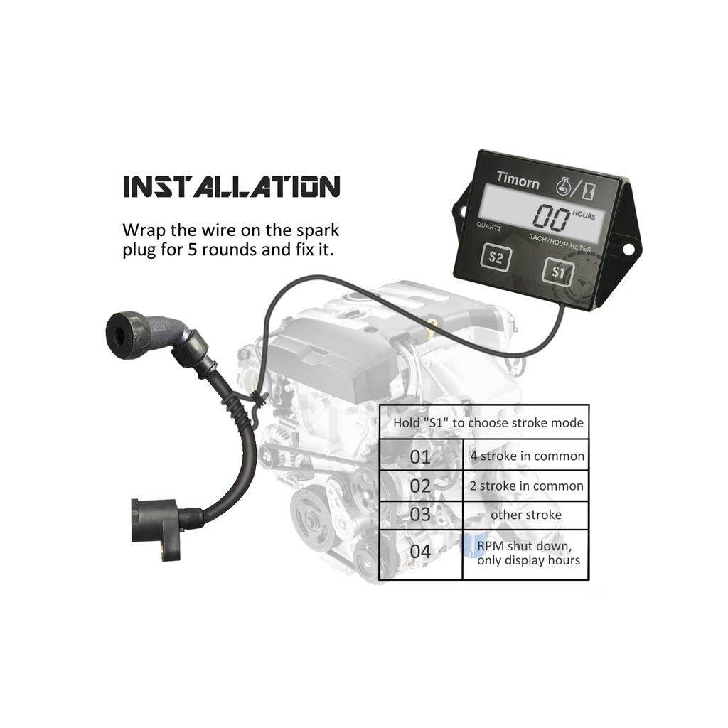 Тахометр для малого двигателя, Индукционный счетчик моточасов для 2-тактных и 4-тактных малых двигателей, Timorn Водонепроницаемый тахометр со сменной батареей для Chaaw