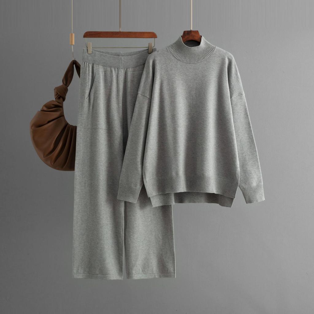 GMXIA Solid-color Knitted Semi-high Neck Slit Sweater Set for Women's Autumn and Winter Fashionable Casual Sweater Two-piece Set