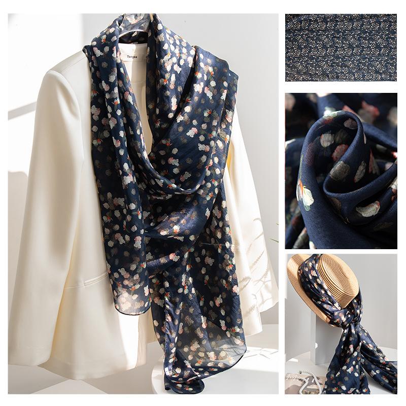 Длинные полосы шелкового шарфа  Высококлассный шарф из тутового шелка  Женский свежий маленький цветочный тонкий стиль  Атмосфера  Большая шаль