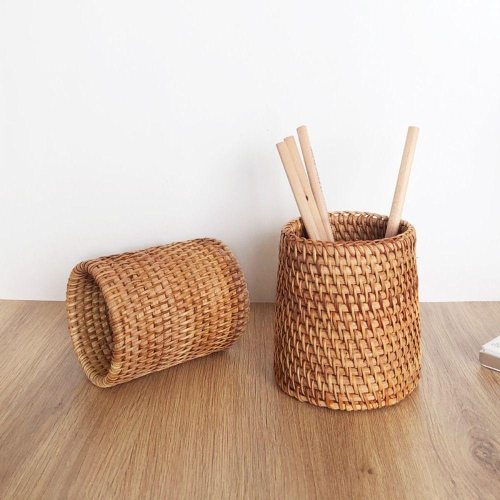 Handmade Pencil Holder Rattan Sundries Storage Basket New Pen Container