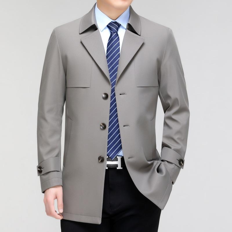 Мужская ветровка средней длины, куртка для весны и осени, деловая, повседневная, для мужчин среднего возраста, с простым воротником, против морщин, тонкая куртка