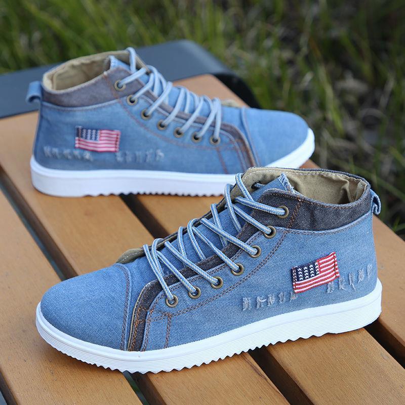 Мужская повседневная обувь в британском стиле, джинсовые кроссовки из парусины, высокие черные мужские ботильоны, обувь на плоской подошве, Chaussure Homme 2024