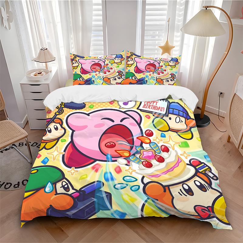 3-местный комплект постельного белья Kirby Party Включает 1 одеяло + 2 наволочки, Без вкладышей для подушек, Мягкий, Удобный, Легкий, Дышащий, С принтом