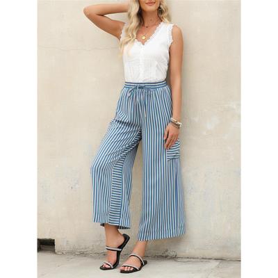 Женские летние полосатые прямые брюки на кулиске с широкими штанинами, пляжные повседневные брюки