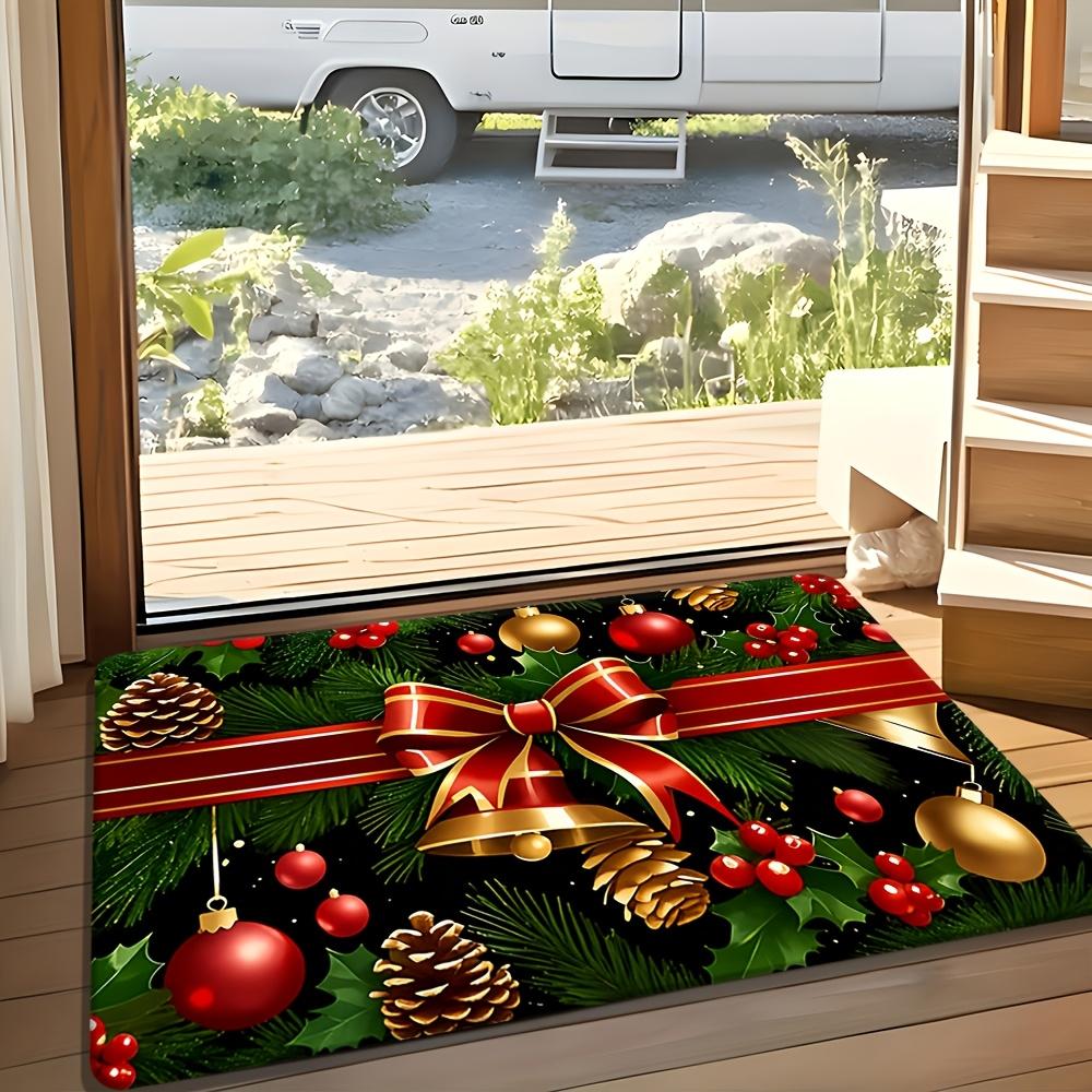1pc Ultra-Soft Flannel Rug Suitable for Living Room, Non-Slip Machine Washable with Red & Golden Bow Wreath Pinecone, Fade-Resistant Mat Suitable for