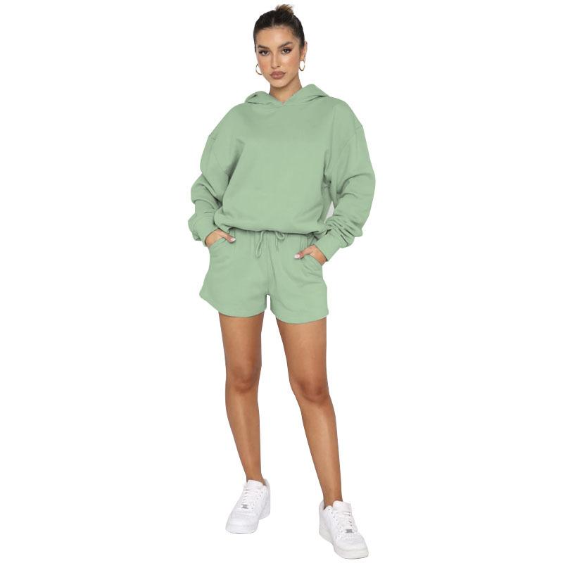211280 autumn and winter new products European and American solid color pullover hooded long-sleeved sweater women's fashion casual shorts set