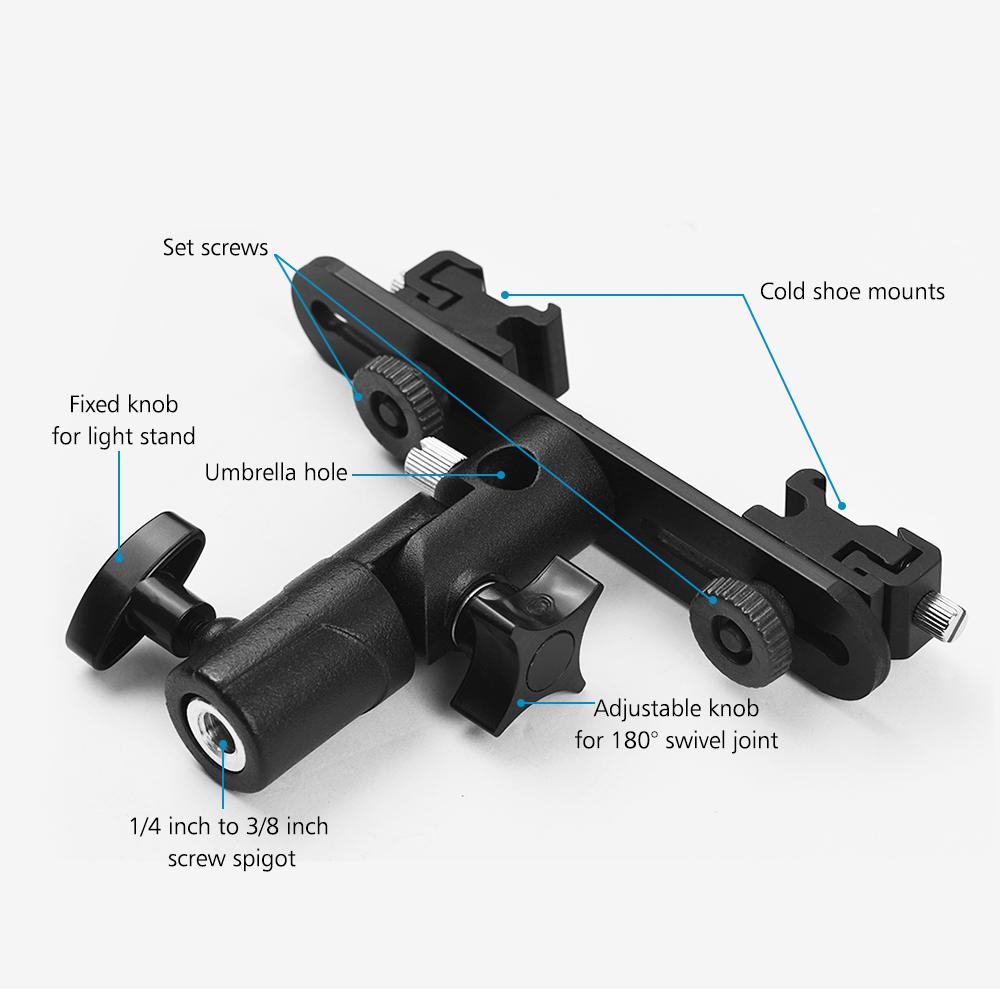 T shaped Dual Flash Bracket Flash Speedlite Stand with 2 Cold Shoe Mounts 1 4 Inch to 3 8 Inch Mount Umbrella Hole