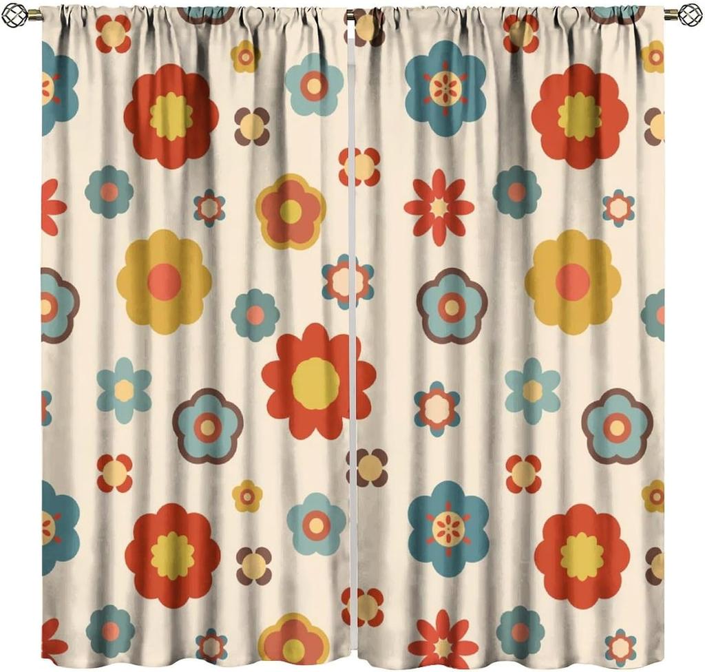 Retro 70S Flower Curta,Mid Century Colorful Floral Daisy Window Treatments For Bedroom Living Room Kitchen Caf Room Darking