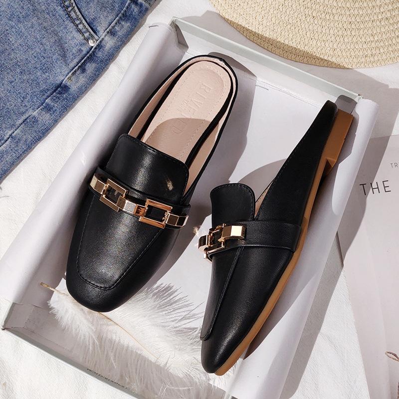 Fashion 2024 New Spring and Summer Women Wear Slippers Korean Fashion Simple Design Leather Girl Black Muller Shoes 41-44 Free Shipping