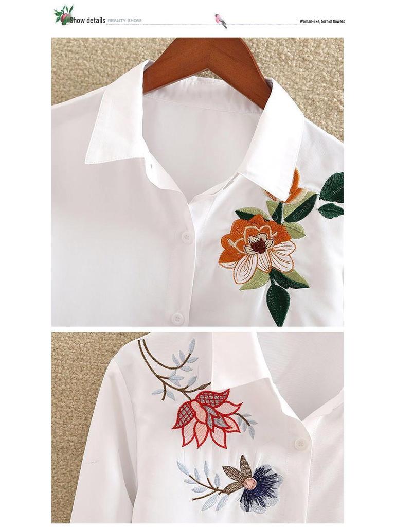 2024 Spring Women's White Embroidered Long Sleeve Plus Size Shirt