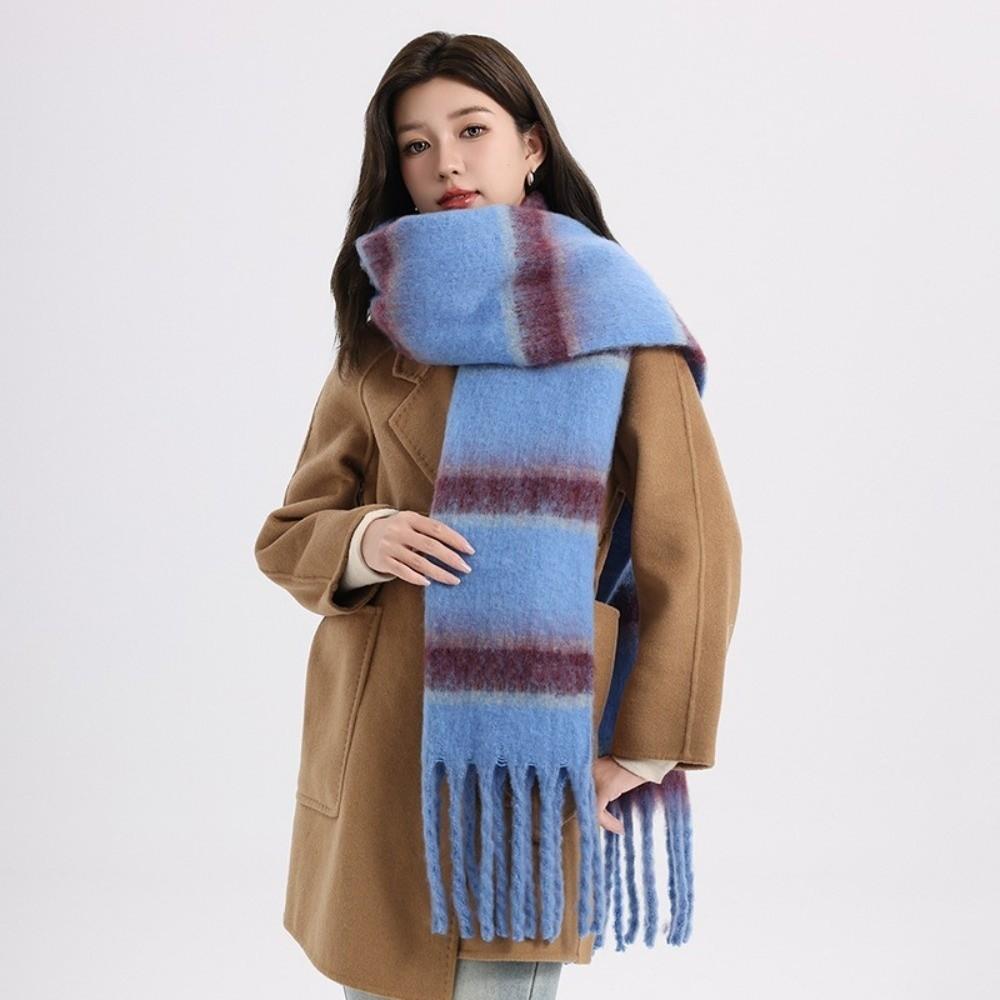 Colorful Tassel Shawl Plush Women Cape Fashion Stripe Wool Scarf Autumn