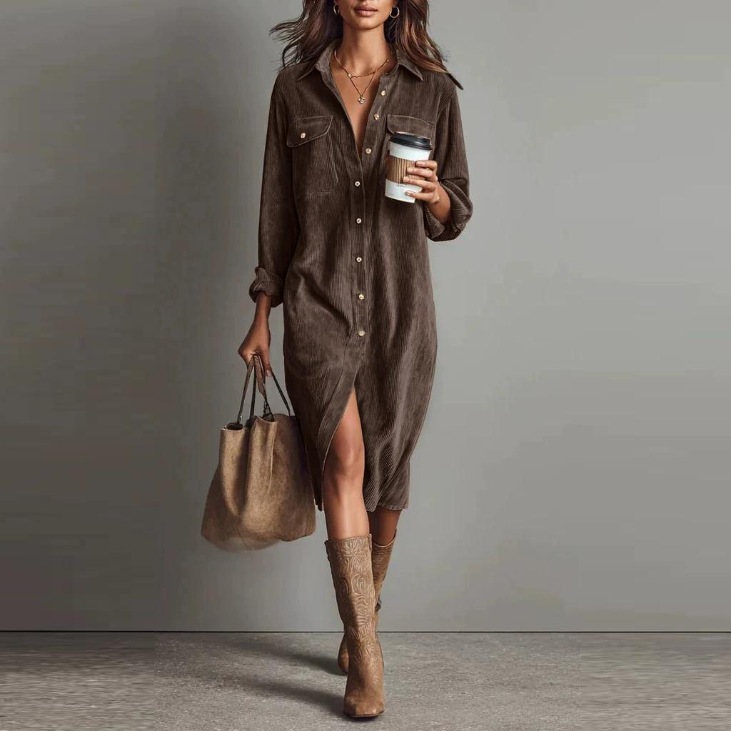 Винтажное Женское Платье Весна Лето Офисная Леди Однотонный Вельвет Длинный Рукав Воротник Рубашка Свободные Макси Платья для Женщин