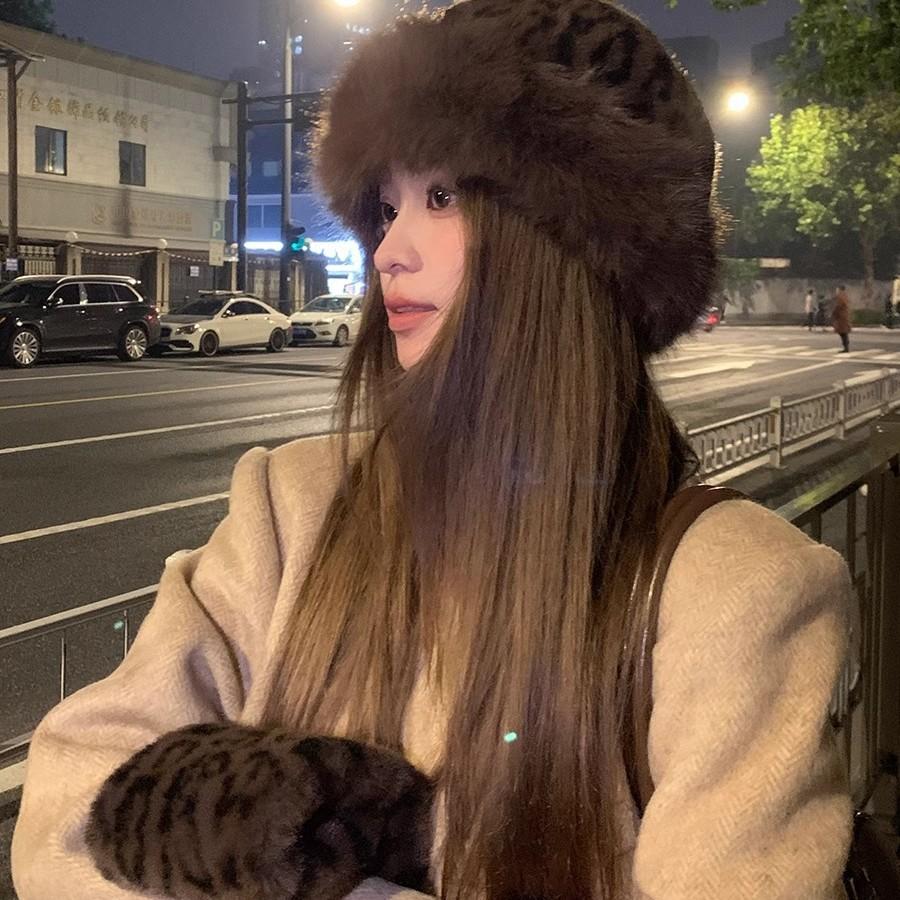 Leopard Print Mongolian Hat Plush Bear Hat Women's Autumn and Winter Imitation Mink Bucket Hat Versatile Scarf Scarf