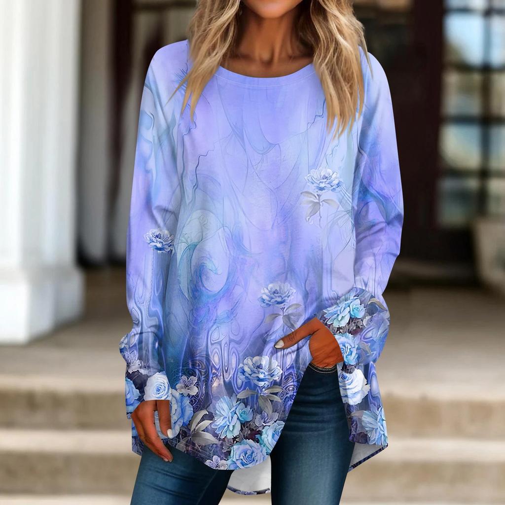 Женская повседневная футболка больших размеров с длинными рукавами и круглым принтом, верхний пуловер