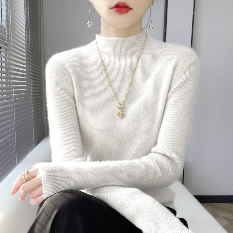 Autumn and Winter Half Turtleneck Bottoming Shirt Women's Sweater with Long Sleeves Andy Velvet Slim Knitted New Tight Top Middle Collar