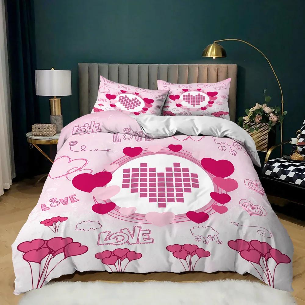 Room Decor Home Bedding Sets 2/3pcs Red Heart Printing Queen Size Pillowcase Duvet Cover Set Polyester Bedclothes