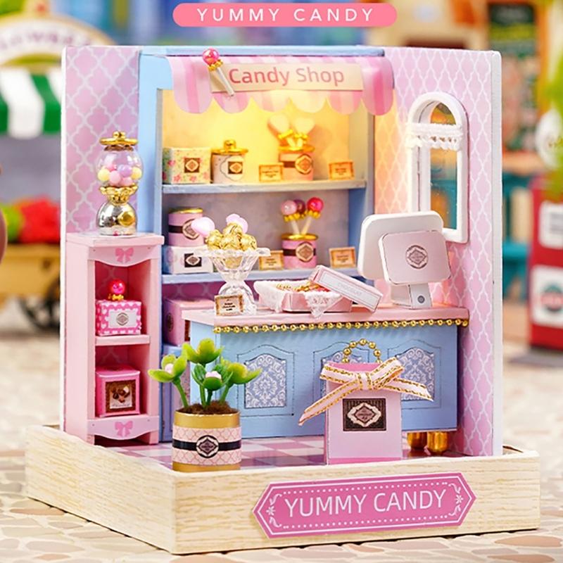 Wood Atelier Insert Candy Shop Model Dollhouses with Light Unique Craft Build Your Own Shop Model Craft