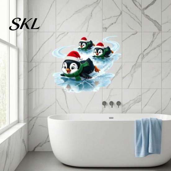 Xmas Wall Decal 1/2 Sheets Christmas Cartoon Penguin Sticker, Waterproof Three Penguins Decorative Decal, Self-Adhesive Animal Bathroom Toilet Sticker