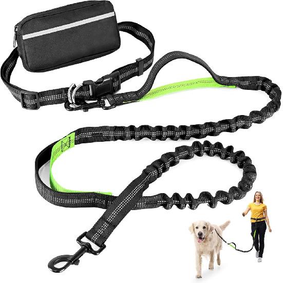 Hands Free Dog Leash with Zipper Pouch, Retractable Bungee Waist Leash with Dual Padded Handles & Waist Belt Fanny Pack for Medium & Large Dog