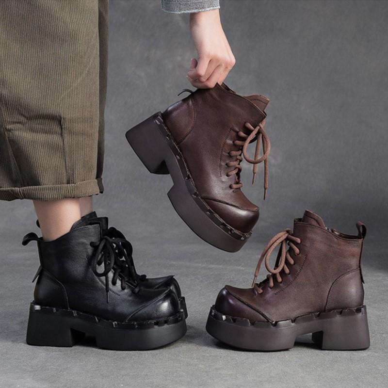 GKTINOO 2025 Зимние Новые Ретро с увеличением высоты Толстая подошва Ботильоны Универсальные и Удобные Женские Туфли из Натуральной Кожи