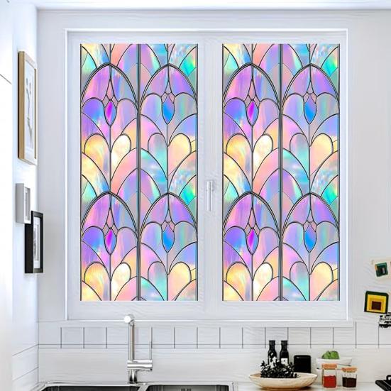 Stained Glass Rainbow Window Privacy Film Decorative Sun Blocking Glass Clings Colorful Static Coverings Decals for Home Glass Door