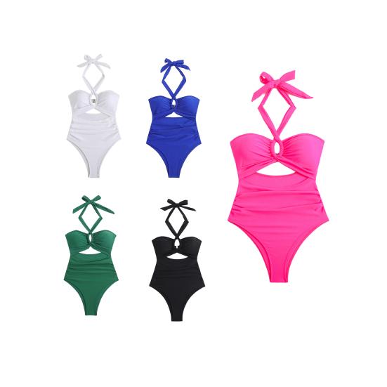 Женский монокини с подкладкой на косточках, однотонный, слитный бикини с вырезом на шее и полым дизайном, пляжный купальник для отдыха