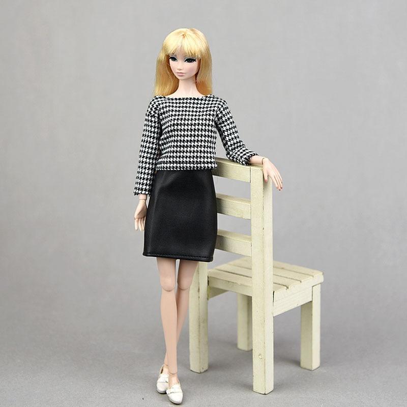 Daily Clothes Set For Barbie Dolls Accessories Doll Outfits Houndstooth Plaided Tops & Black Skirt For Barbie Dollhouse DIY Toy