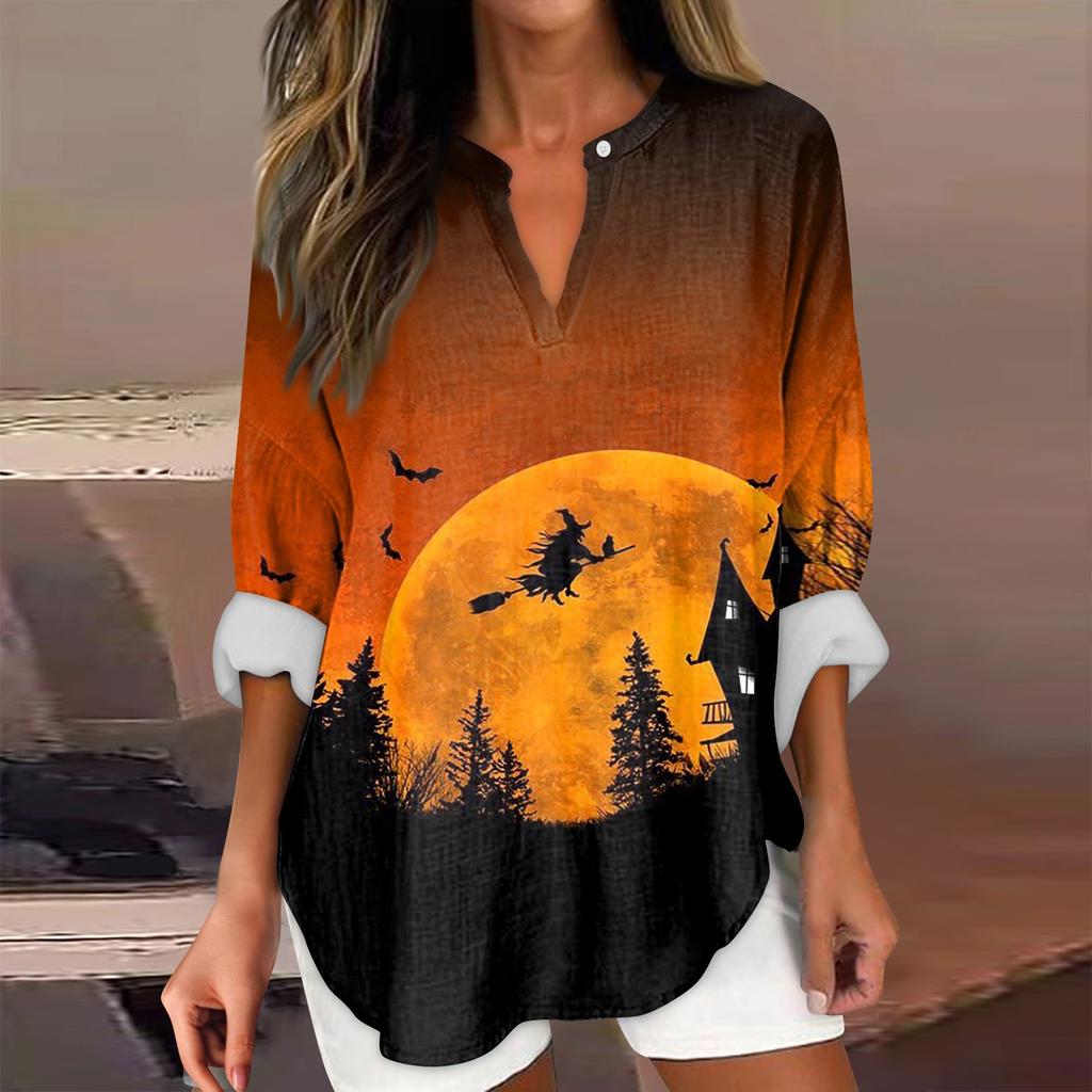 Женские модные повседневные женские топы с v-образным вырезом и длинным рукавом с принтом на Хэллоуин