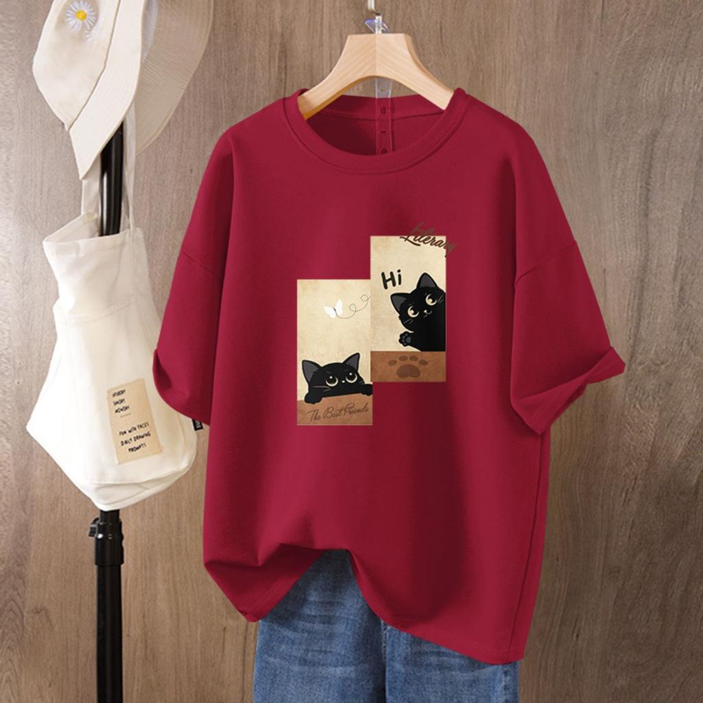 Pure Cotton Cat Printed Short-sleeved T-shirt for Women In Summer New Loose Large-size Half-sleeved Top