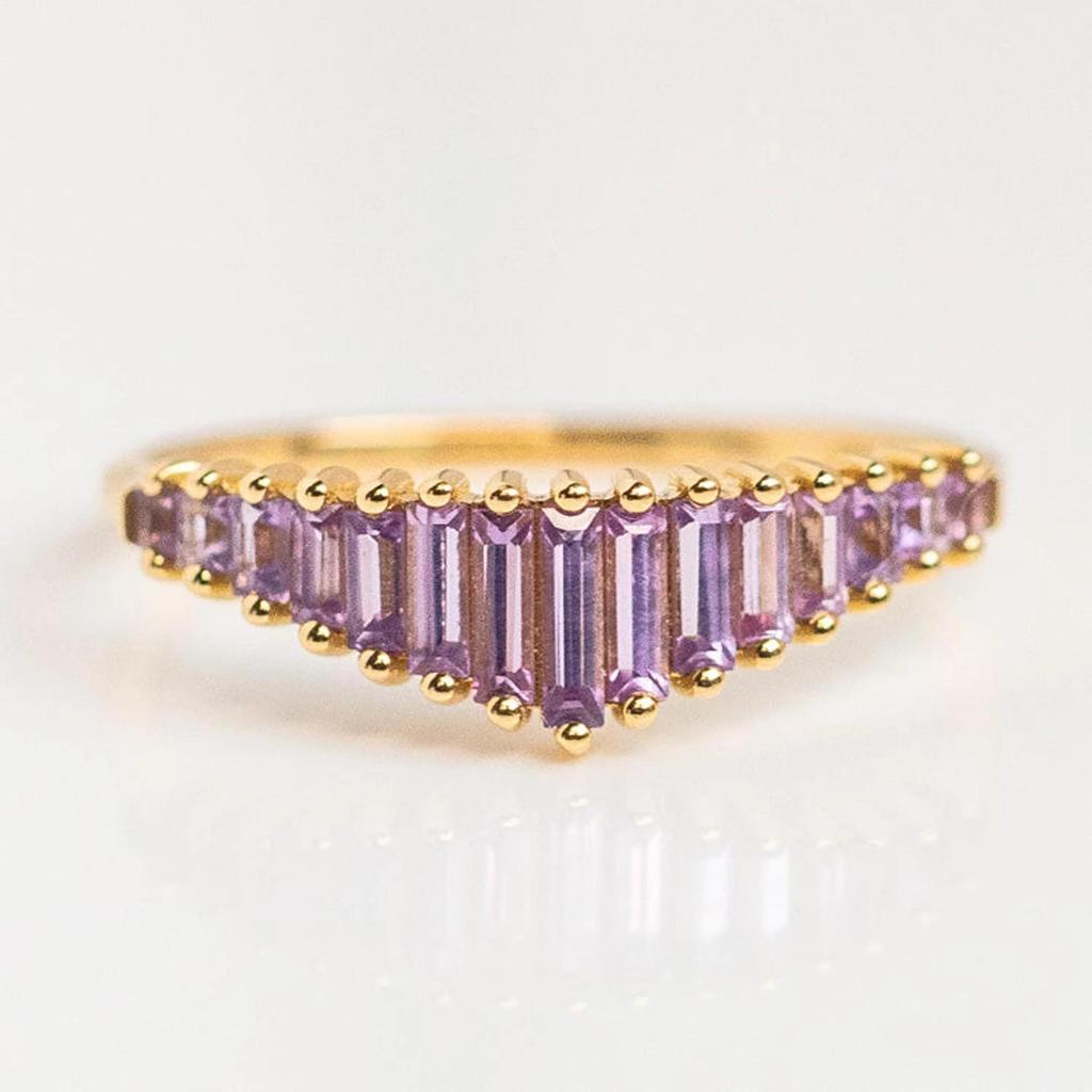 Amethyst Chevron Band – Gold Plated V-Shaped Baguette Cut Ring, Purple Gemstone Stacking Wedding Band, Anniversary Gift for Women