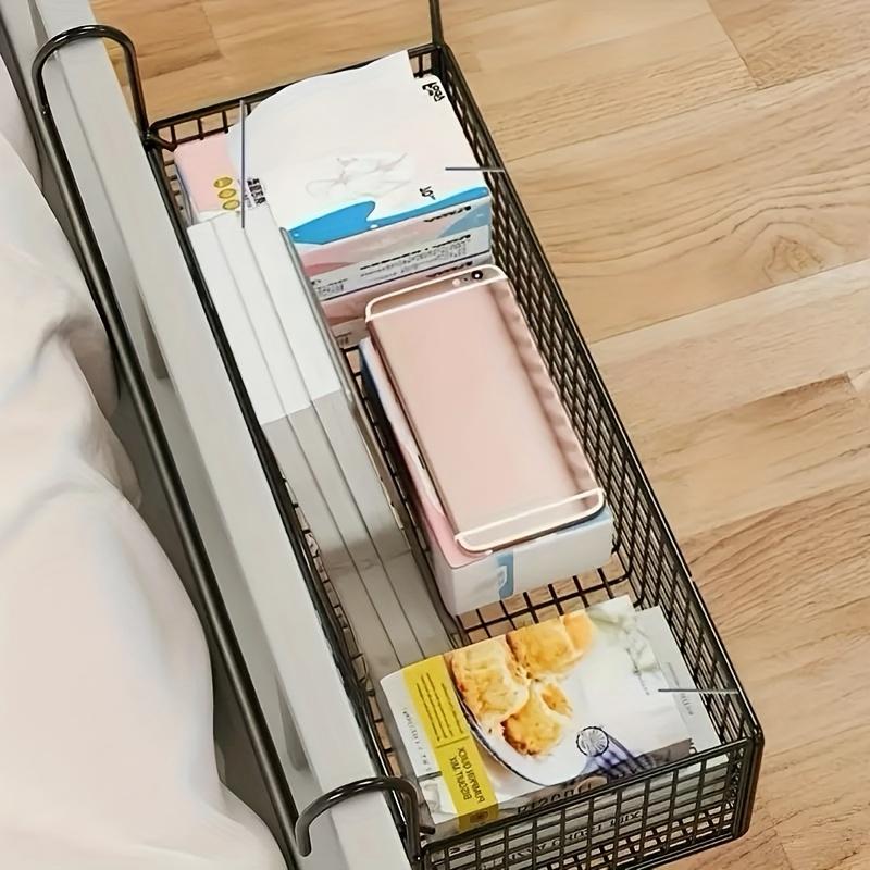 1pc Iron Bedside Storage Basket, Mesh Design Space Saving Under Bed Shelf, Bedroom Organizer and Storage Basket