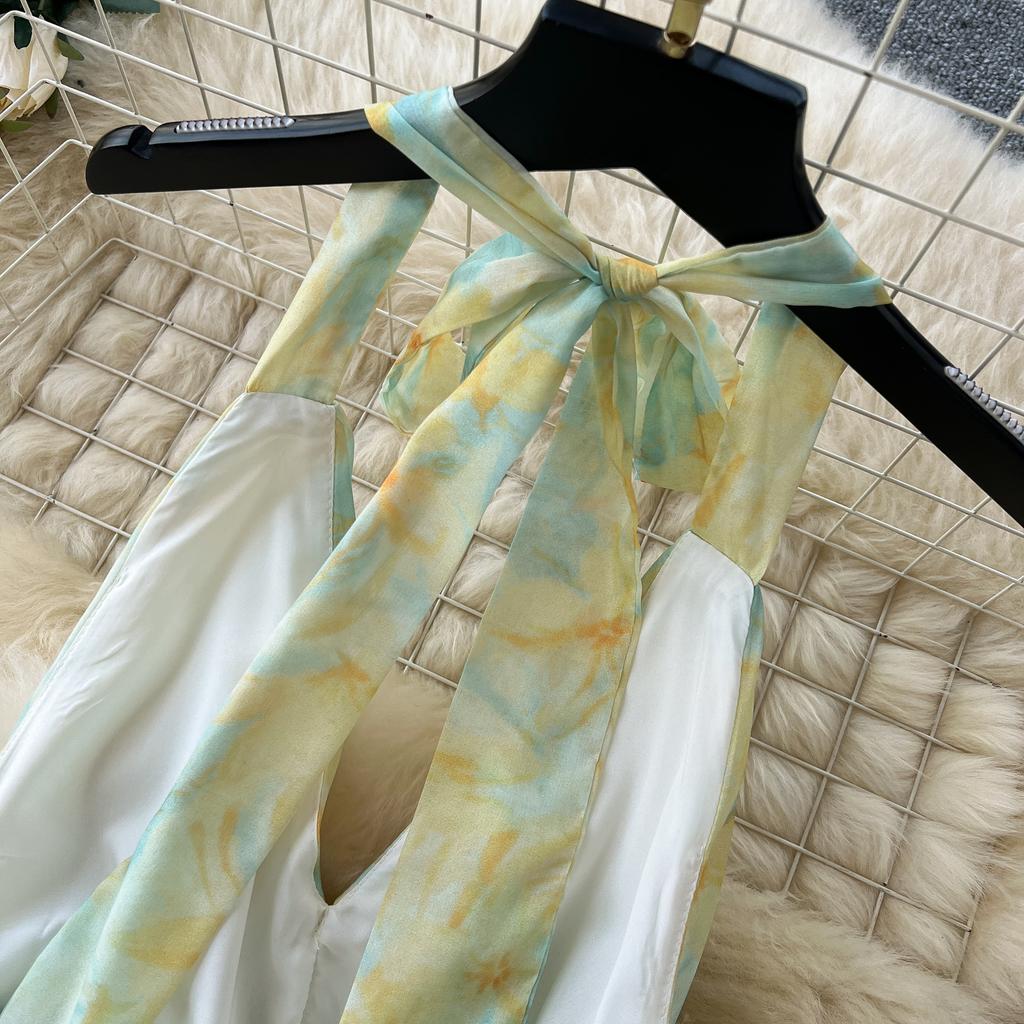 Летние женские шифоновые платья с V-образным вырезом и принтом, бретелька через шею с открытой спиной, бисер, длинные макси, праздничные пляжные платья