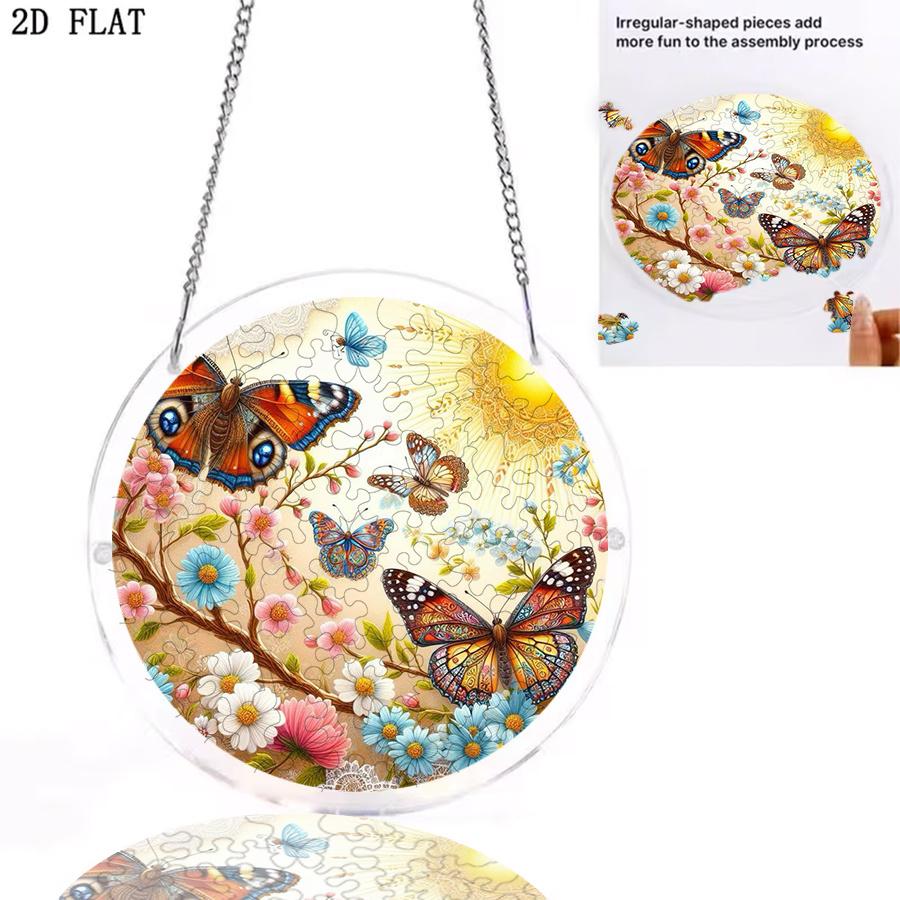 2D Flat, 2D Acrylic Jigsaw Puzzle Featuring a Butterfly Courtyard Theme, Designed as a Suncatcher for Outdoor Courtyard Decoration. Suitable as a Birt