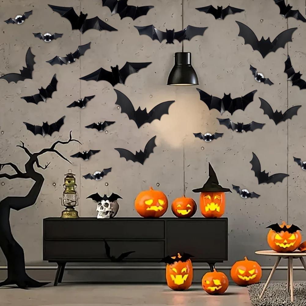 60 PCs Halloween Bats Wall Decor Battery Powered Bats Decorations Wall Stickers for Halloween Party Bedroom Window Decorations