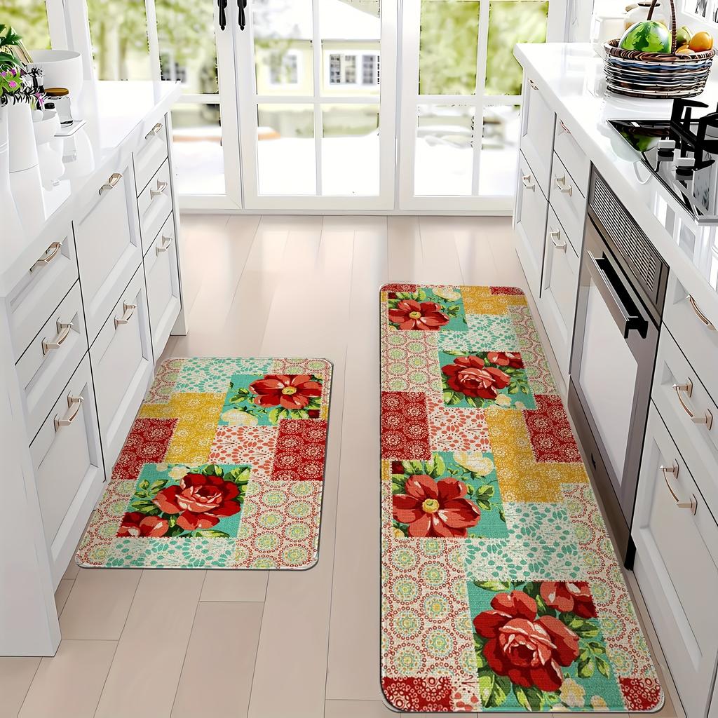 1Pcs Anti Fatigue Kitchen Rugs, Floral Print Waterproof Non-Slip Thick Cushioned Kitchen Mat Heavy Duty Comfort Standing Mat for Kitchen