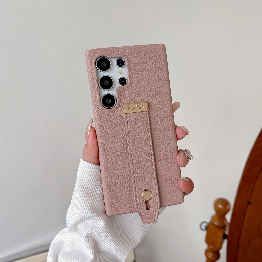Stylish Wrist Strap Bracket Phone Case for Samsung Galaxy S25 Ultra S24 S23 S22 Plus FE Solid Color High-end PU Leather Cover