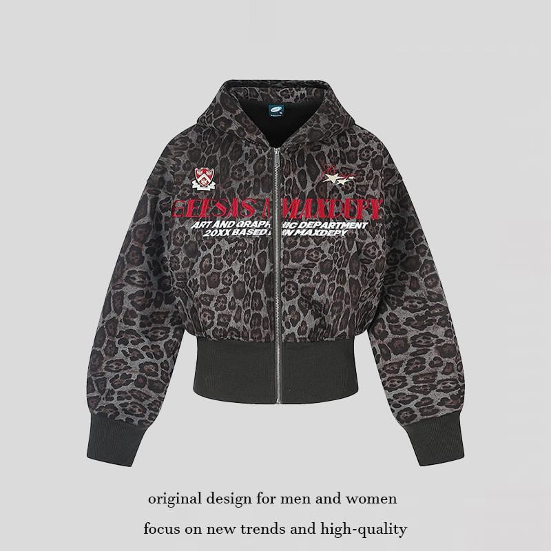 Womens Vintage Leopard Print Hooded Zip Sweatshirt 2026 Fall Slim Waist Short Outerwear