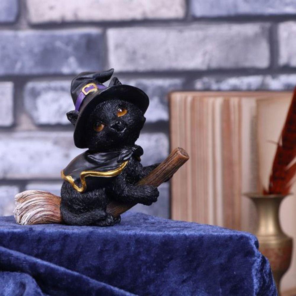 Resin Flying Broom Cat Small Broomstick Cat Creative Black Cat Witch Statue  Garden