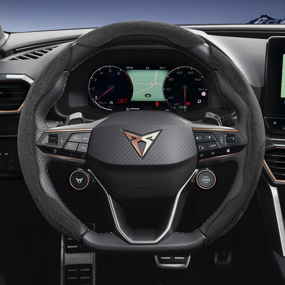 vcxja9 Suitable for Cupra Sports Suede Steering Wheel Cover with Split Snap-On Design for Models Such as Formentor, Leon Sportstourer, Born, Ateca,