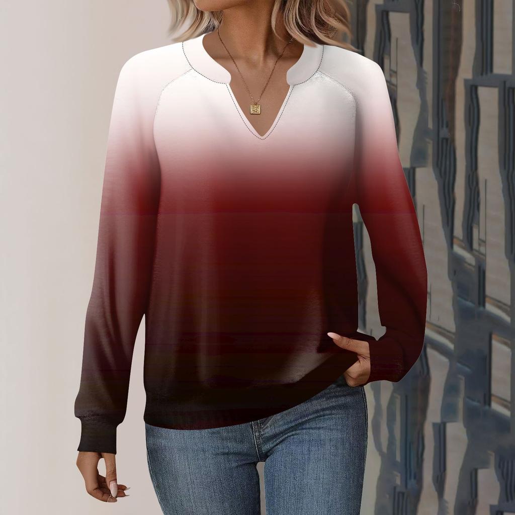 Женская повседневная толстовка с длинным рукавом и V-образным вырезом, свободный пуловер с градиентным принтом