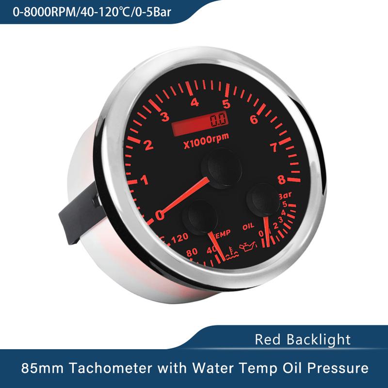 ELING Car Boat 85mm Multifunctional 0-60MPH Speedometer Tachometer Water Temp Oil Pressure 0-80PSI 5Bar 10Bar with Red Backlight