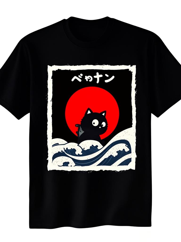 Vintage Kawaii Black Cat Anime TShirt Japanese Kanagawa Tee with Hot Transfer Print Short Sleeve Rou