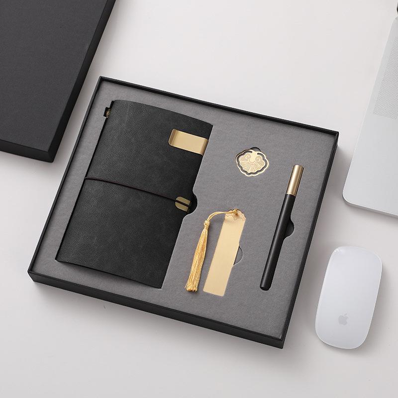 A6 Faux Leather French Fold Redwood Pen Light Guofeng Loose-Leaf Notebook 100 Sheets Business Gift Box Set Custom Strap