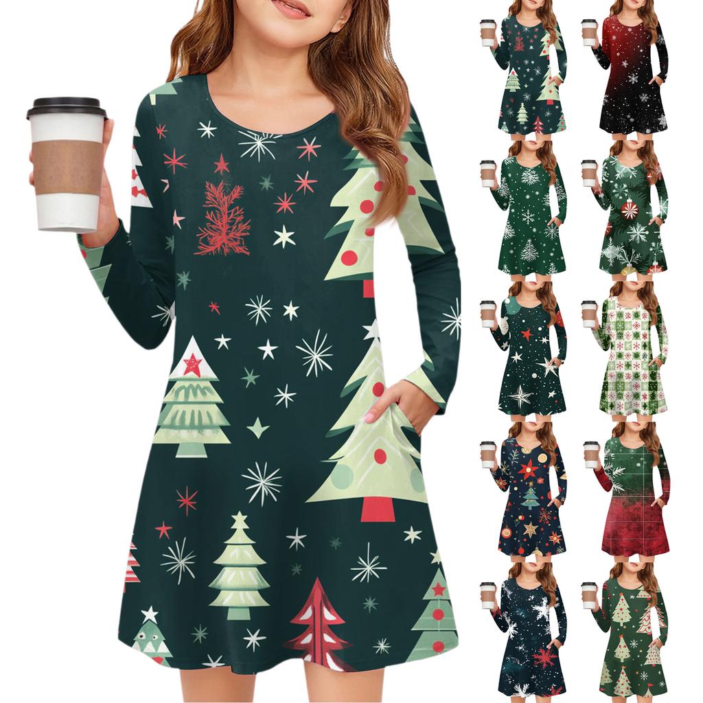 Christmas Day Girls' Long Sleeve Dress - Color Pocket Dress