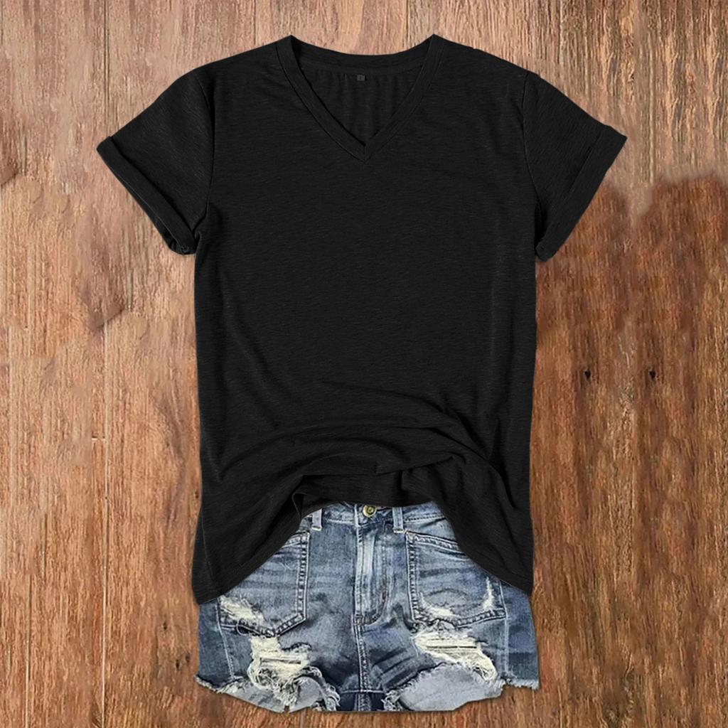 Women's Summer Fashion Solid Color V-Neck Loose Short Sleeve T-Shirt Top