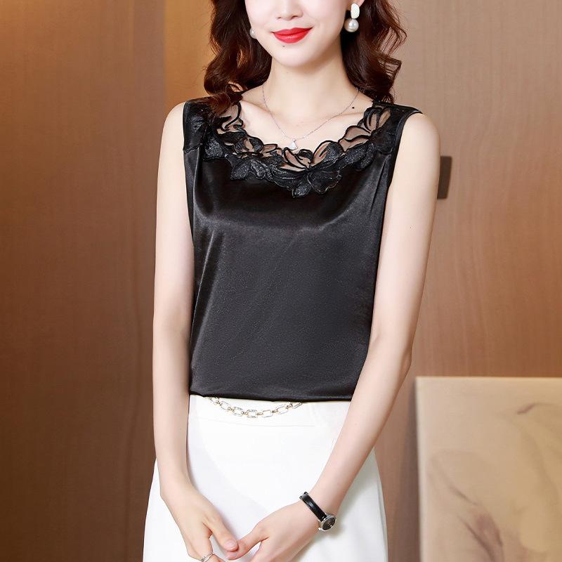 Летняя модная базовая рубашка с шелковым атласным кружевным узором в стиле пэчворк для стильного образа с верхом без рукавов на блузках и рубашках