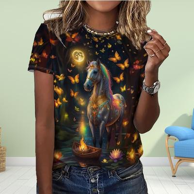 Модная женская футболка с принтом лошади, забавная повседневная футболка с круглым вырезом и короткими рукавами, летняя женская футболка