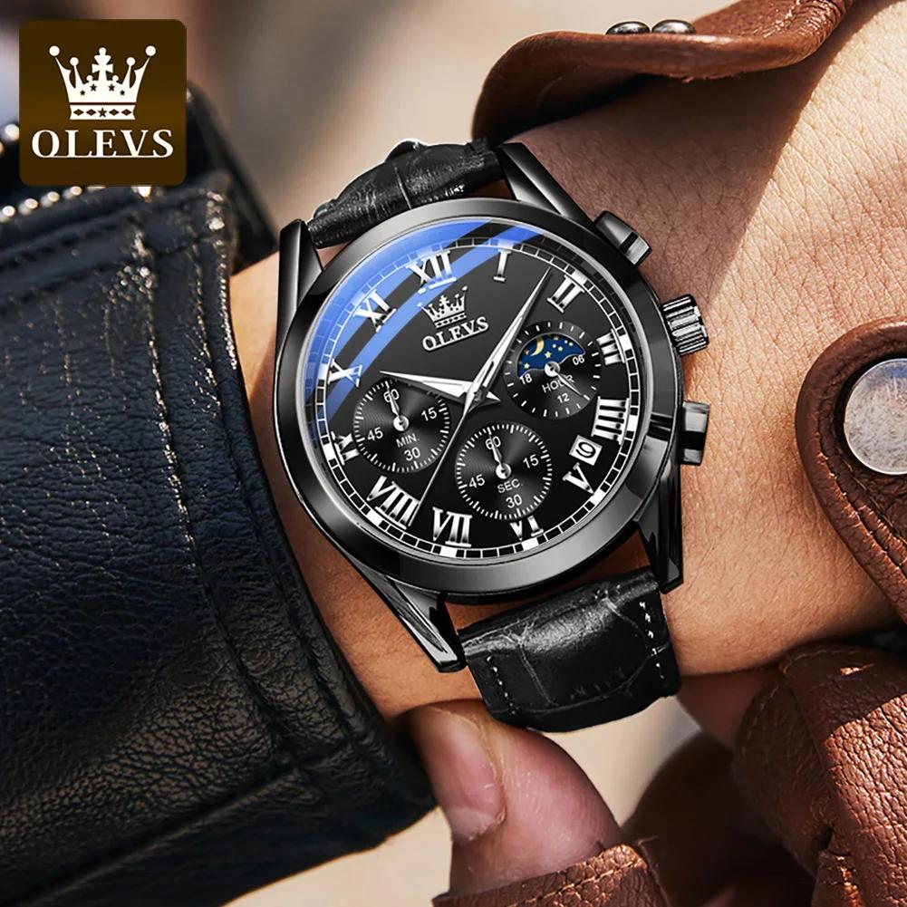 OLEVS 2871 Luxury Waterproof Quartz Watch for Men Leather Strap Mens Wristwatches Date Moon Phase Luminous Clock Reloj Hombre
