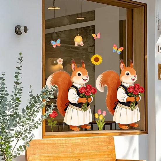 Spring Fox Window Clings Cartoon Fox Flowers Butterflies Glass Sticker Removable Cute Animal Window Decals for Home Office Shop