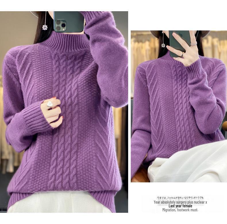 2023 Women's Autumn/Winter Thick Cable Knit Semi-High Neck Sweater
